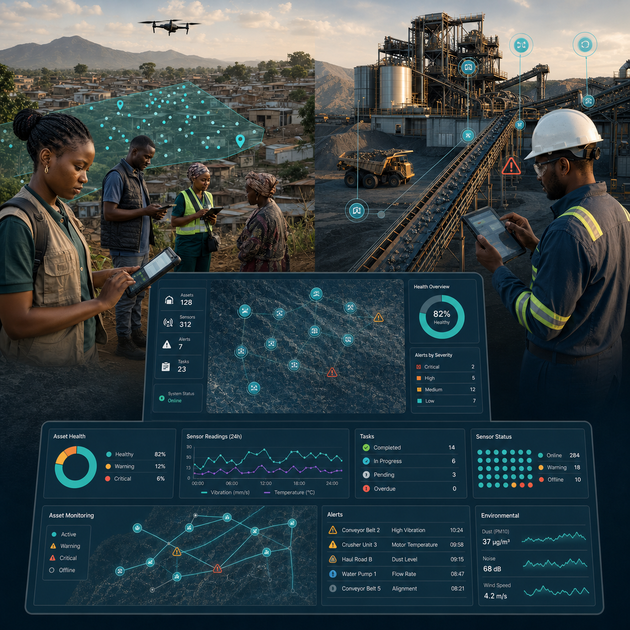 Research teams collecting mobile survey data and an industrial inspector monitoring mining assets, connected to mapped evidence and management dashboards