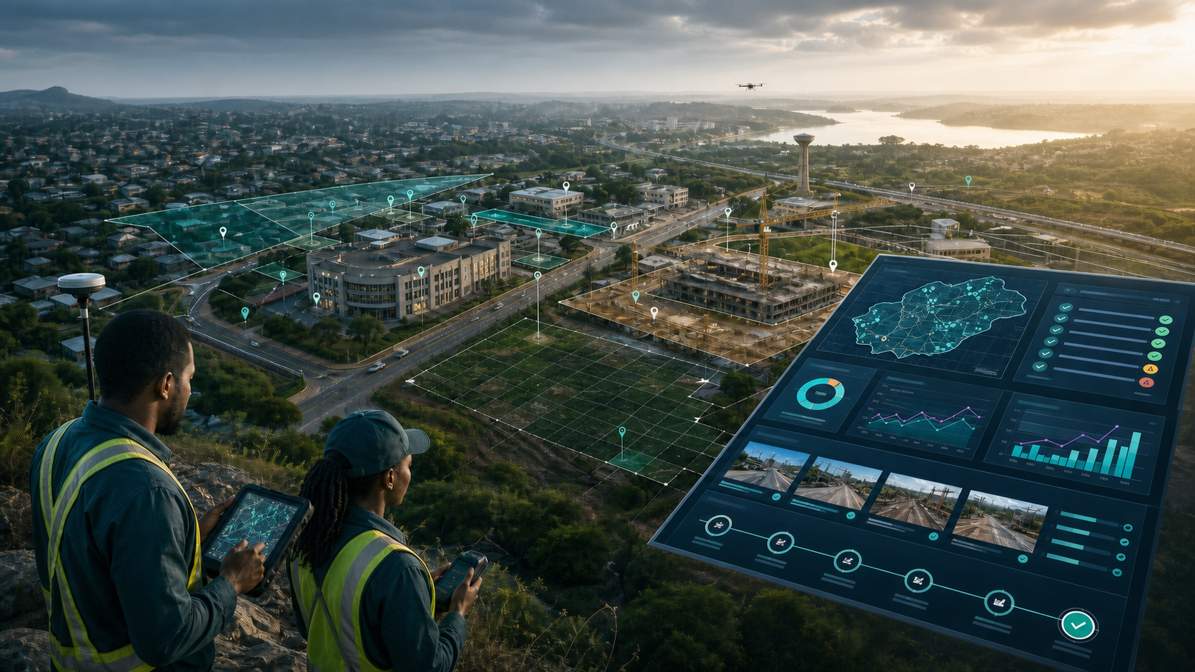 Field survey teams collecting geospatial evidence across infrastructure and construction sites, connected to mapped monitoring data and a decision dashboard