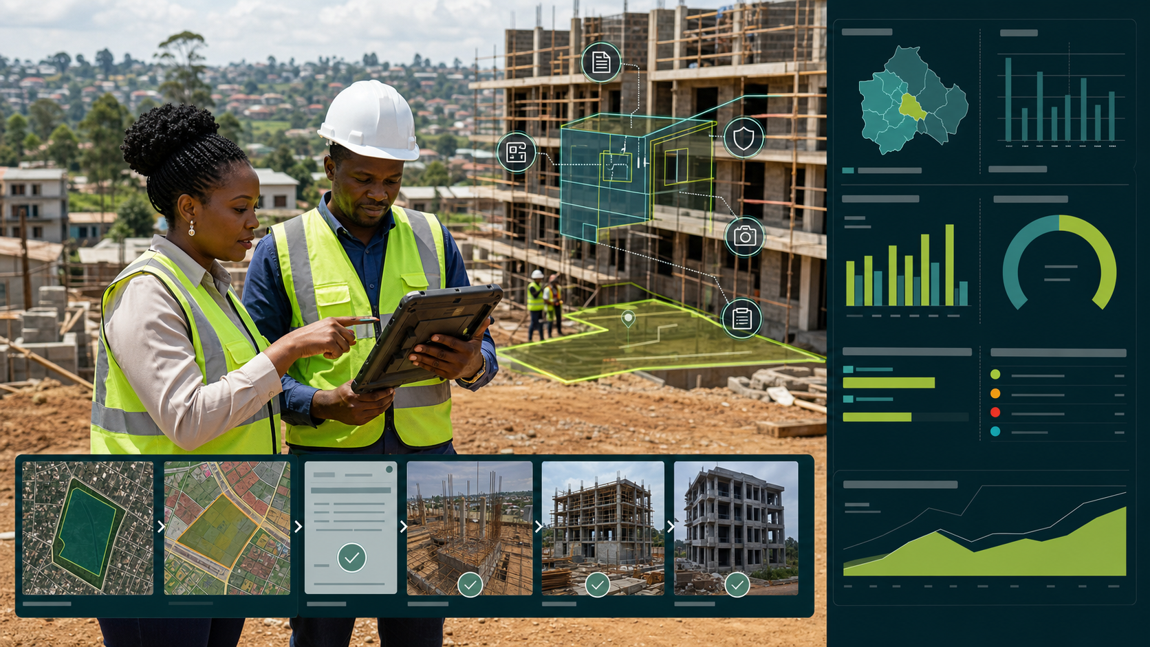 Kiambu County construction inspectors connecting mapped building evidence to a revenue assurance dashboard