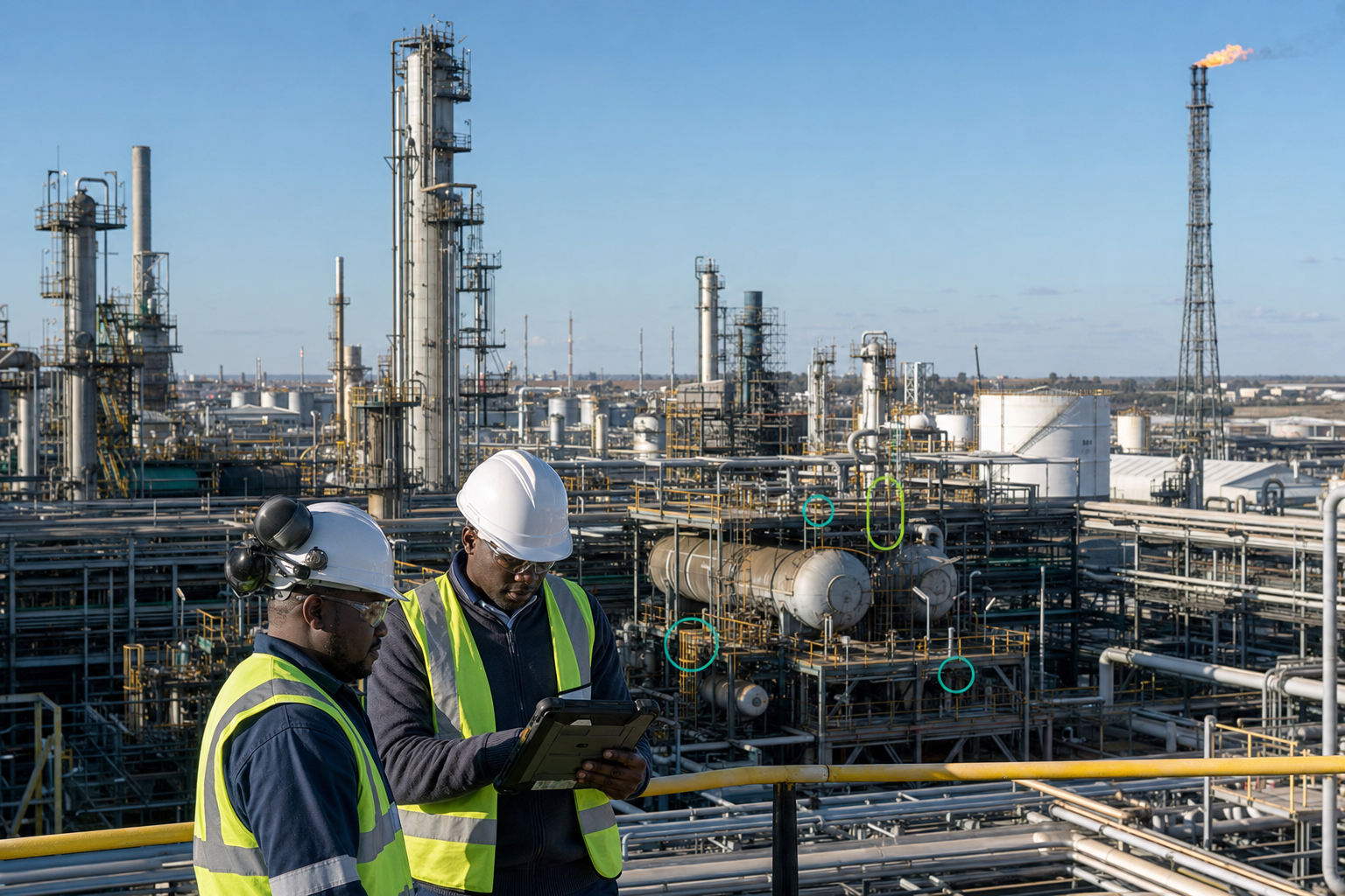 Civil asset inspectors reviewing structural maintenance evidence across a large oil and gas processing plant in Secunda